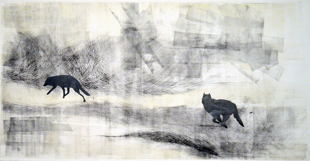Animals, monotype dry point, collage on cotton paper, 50 x 85 cm., 2013.